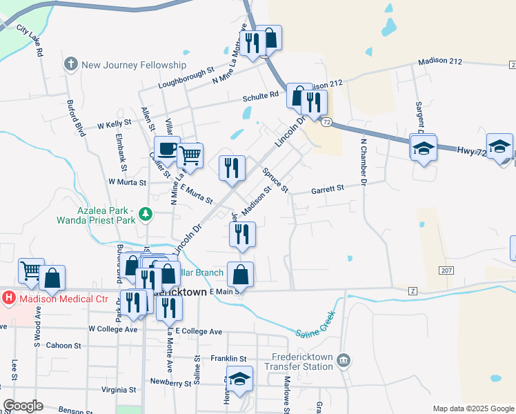 map of restaurants, bars, coffee shops, grocery stores, and more near 257 Madison Street in Fredericktown
