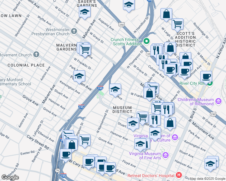 map of restaurants, bars, coffee shops, grocery stores, and more near 3508 Park Avenue in Richmond