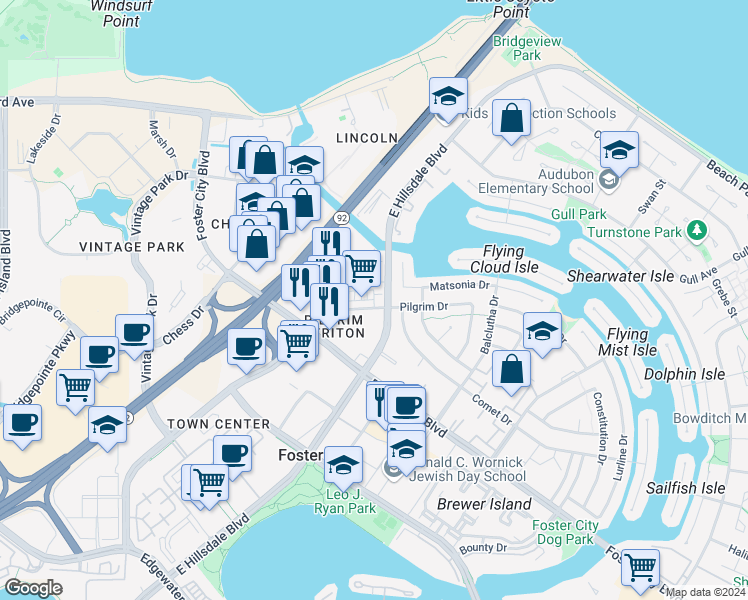 map of restaurants, bars, coffee shops, grocery stores, and more near 703 Starfish Lane in Foster City
