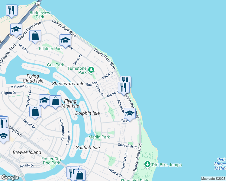 map of restaurants, bars, coffee shops, grocery stores, and more near 1471 Marlin Avenue in Foster City