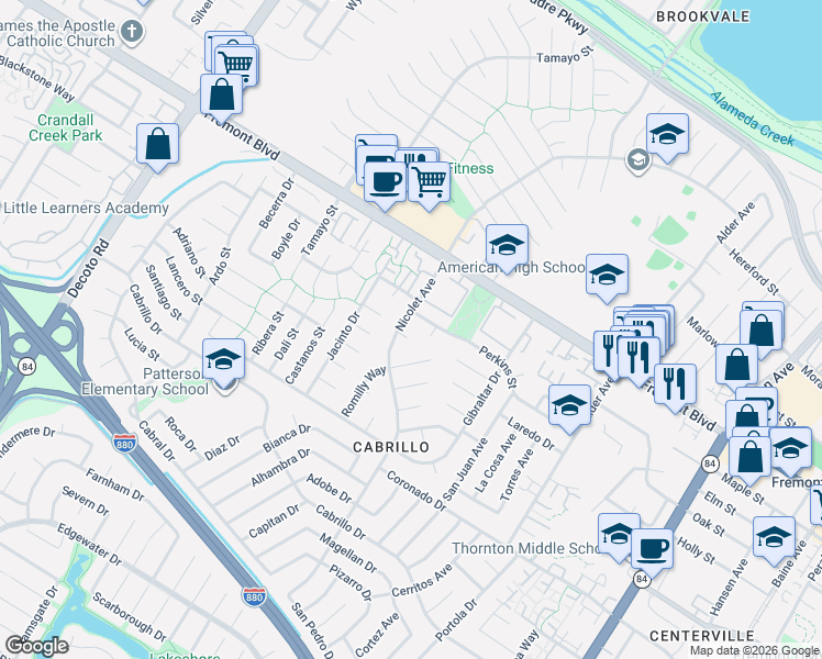 map of restaurants, bars, coffee shops, grocery stores, and more near 35910 Perkins Street in Fremont