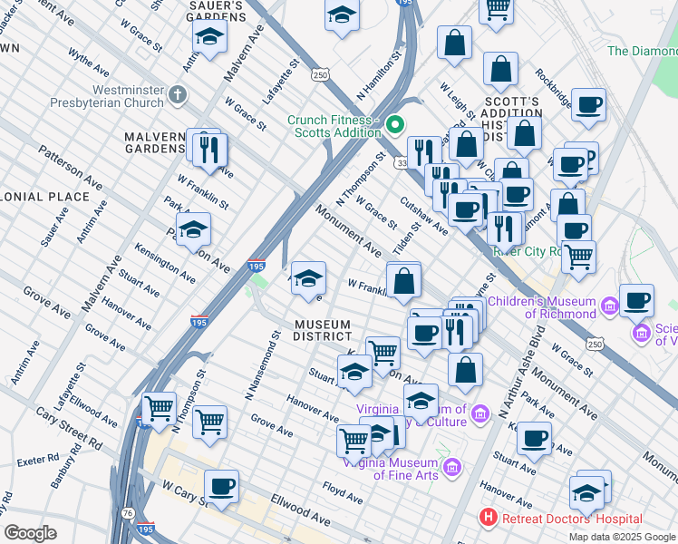 map of restaurants, bars, coffee shops, grocery stores, and more near 3400 West Franklin Street in Richmond