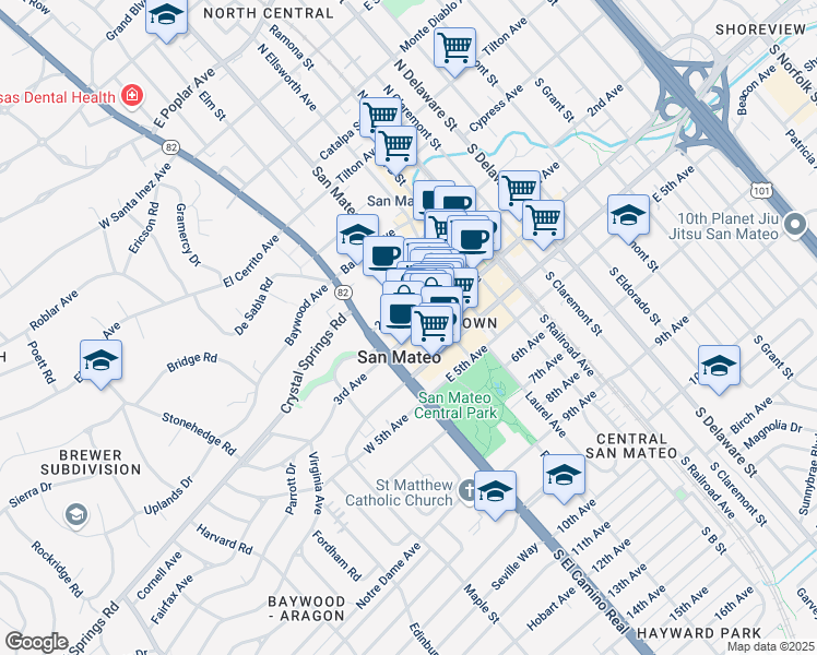 map of restaurants, bars, coffee shops, grocery stores, and more near 136 2nd Avenue in San Mateo