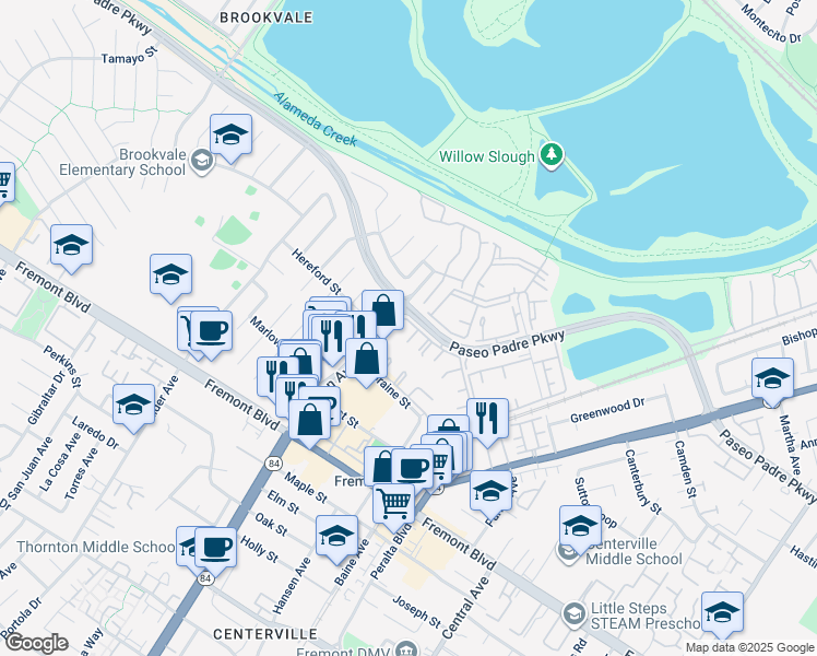 map of restaurants, bars, coffee shops, grocery stores, and more near 3251 Southwycke Terrace in Fremont