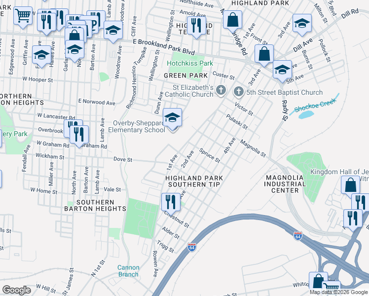 map of restaurants, bars, coffee shops, grocery stores, and more near 1201 Spruce Street in Richmond