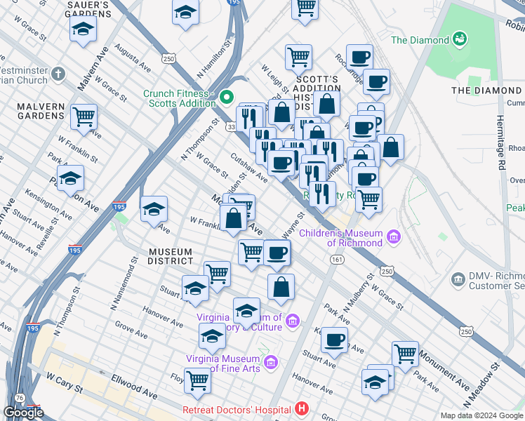 map of restaurants, bars, coffee shops, grocery stores, and more near 3128 West Grace Street in Richmond