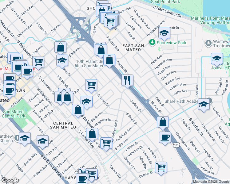 map of restaurants, bars, coffee shops, grocery stores, and more near 957 East Grant Place in San Mateo