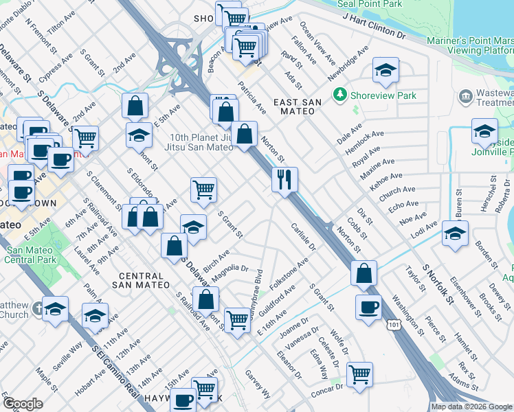 map of restaurants, bars, coffee shops, grocery stores, and more near 957 East Grant Place in San Mateo
