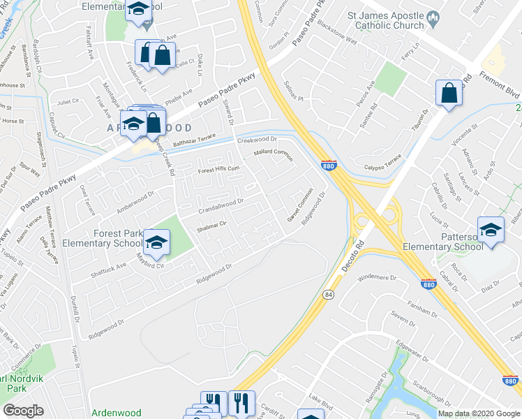 map of restaurants, bars, coffee shops, grocery stores, and more near 34607 Pueblo Terrace in Fremont