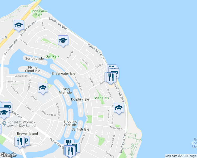 map of restaurants, bars, coffee shops, grocery stores, and more near 1431 Marlin Avenue in Foster City