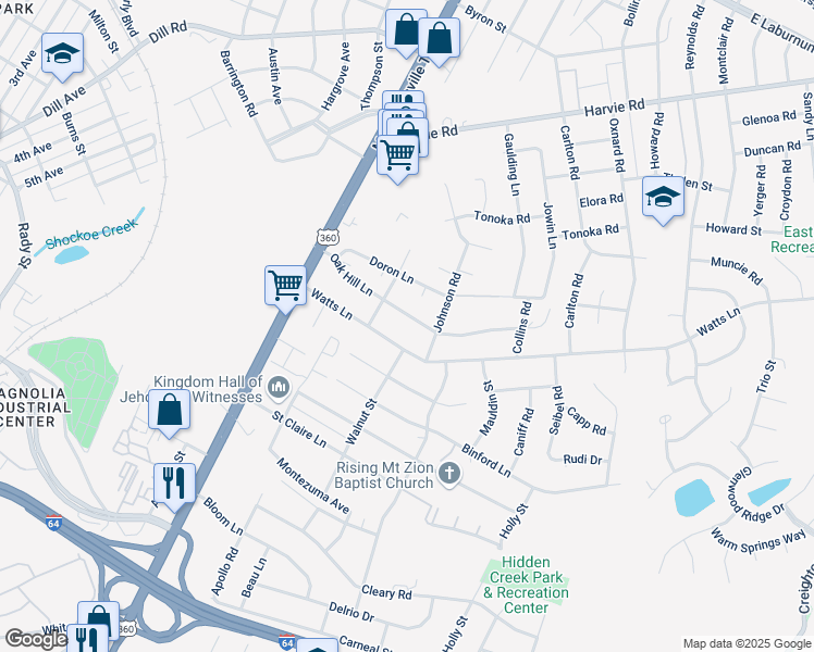 map of restaurants, bars, coffee shops, grocery stores, and more near 1806 Oak Hill Lane in Richmond