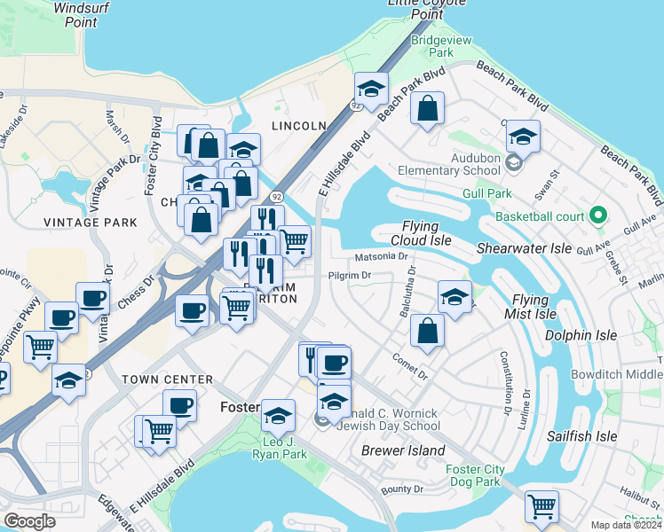 map of restaurants, bars, coffee shops, grocery stores, and more near 703 Starfish Lane in Foster City