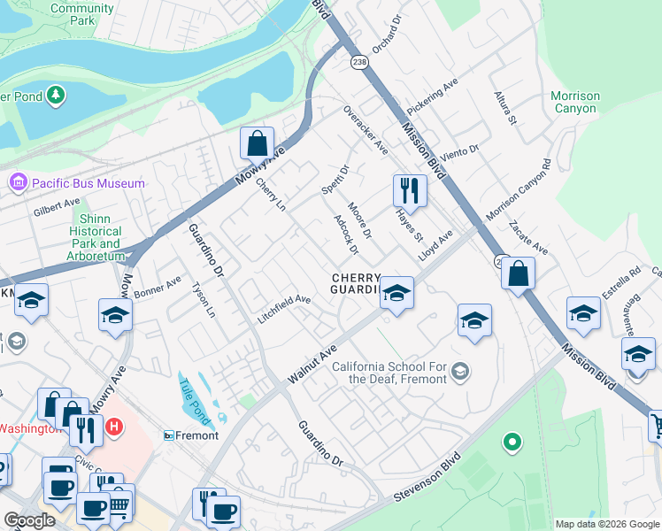 map of restaurants, bars, coffee shops, grocery stores, and more near 38806 Stillwater Common in Fremont