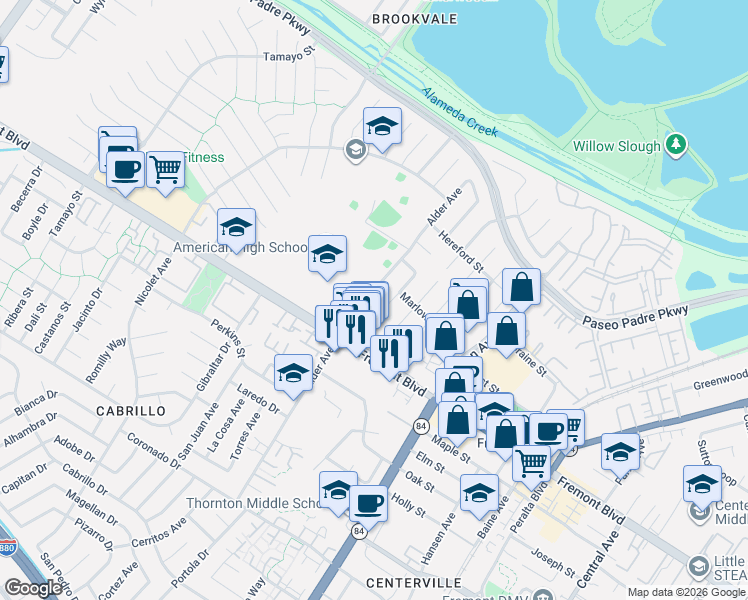 map of restaurants, bars, coffee shops, grocery stores, and more near 3649 Alder Avenue in Fremont