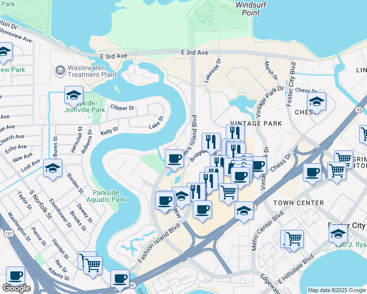 map of restaurants, bars, coffee shops, grocery stores, and more near 688 Mariners Island Boulevard in San Mateo