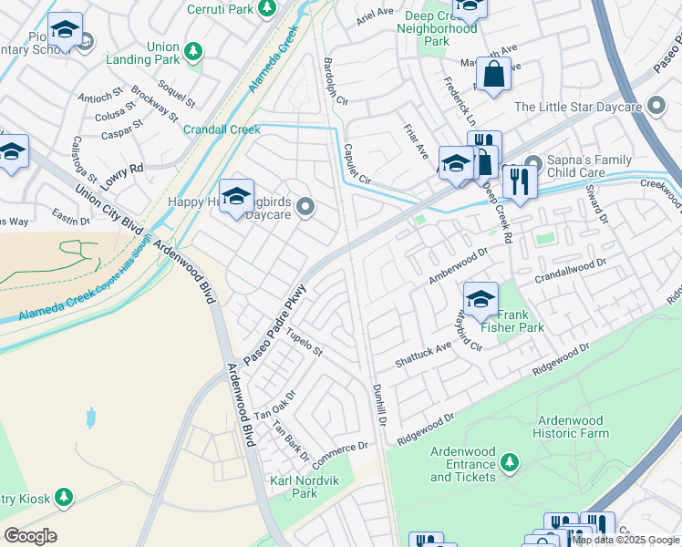 map of restaurants, bars, coffee shops, grocery stores, and more near 5316 Matthew Terrace in Fremont