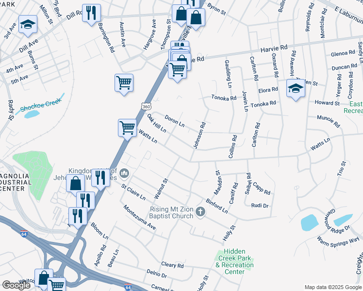 map of restaurants, bars, coffee shops, grocery stores, and more near 1806 Oak Hill Lane in Richmond