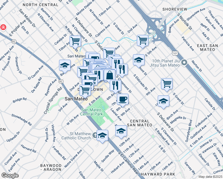 map of restaurants, bars, coffee shops, grocery stores, and more near 306 East 5th Avenue in San Mateo