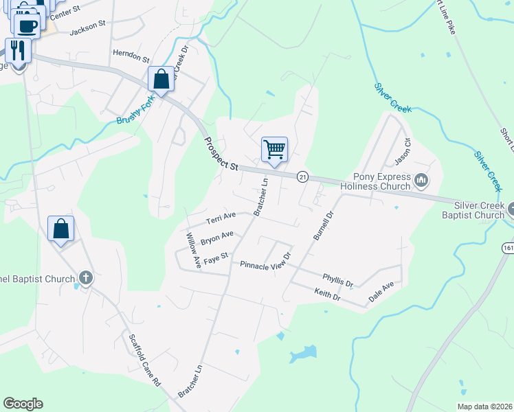 map of restaurants, bars, coffee shops, grocery stores, and more near 111 Bratcher Lane in Berea