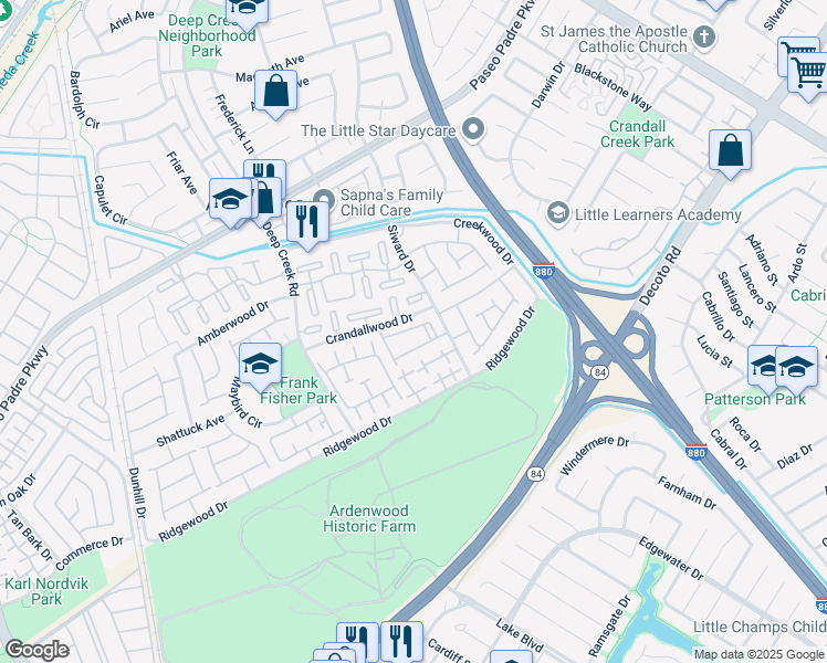 map of restaurants, bars, coffee shops, grocery stores, and more near 4945 Conway Terrace in Fremont