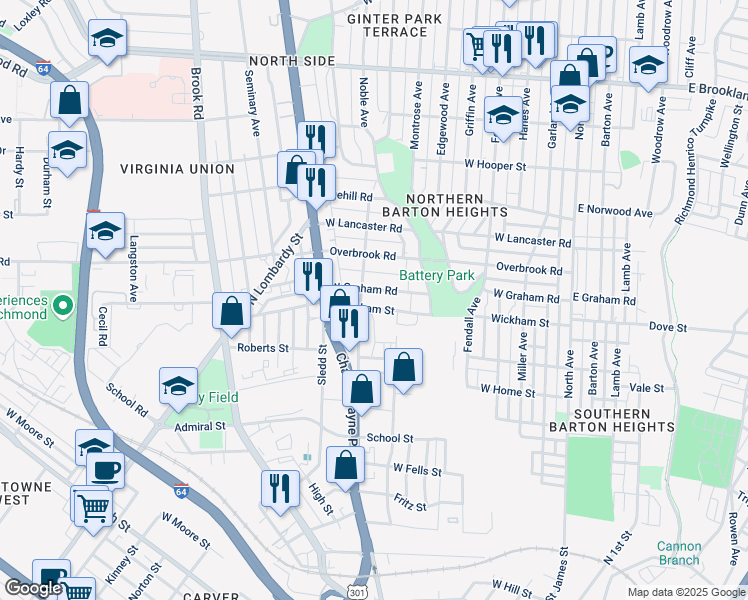 map of restaurants, bars, coffee shops, grocery stores, and more near 623 West Graham Road in Richmond