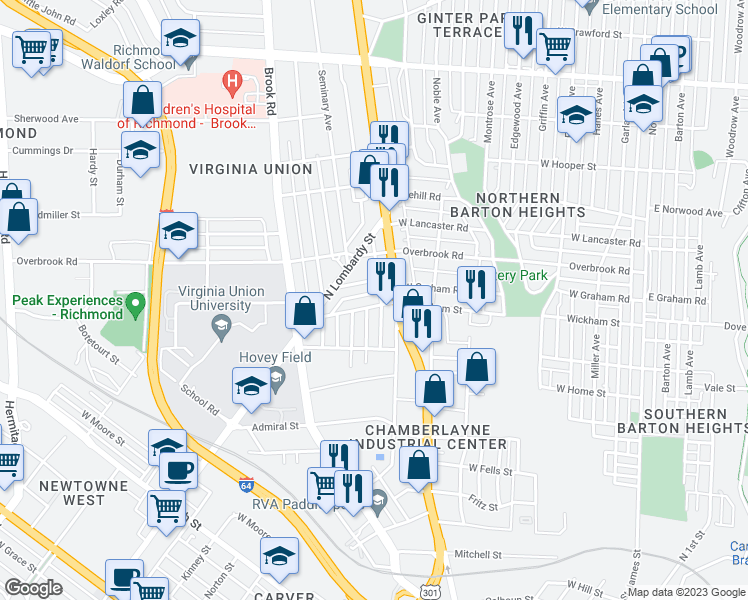 map of restaurants, bars, coffee shops, grocery stores, and more near 1008 Wickham Street in Richmond