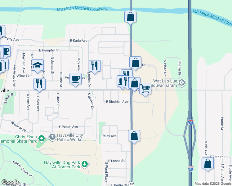 map of restaurants, bars, coffee shops, grocery stores, and more near 1306 East Grand Avenue in Haysville