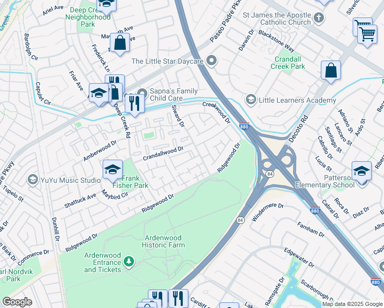 map of restaurants, bars, coffee shops, grocery stores, and more near 34607 Pueblo Terrace in Fremont