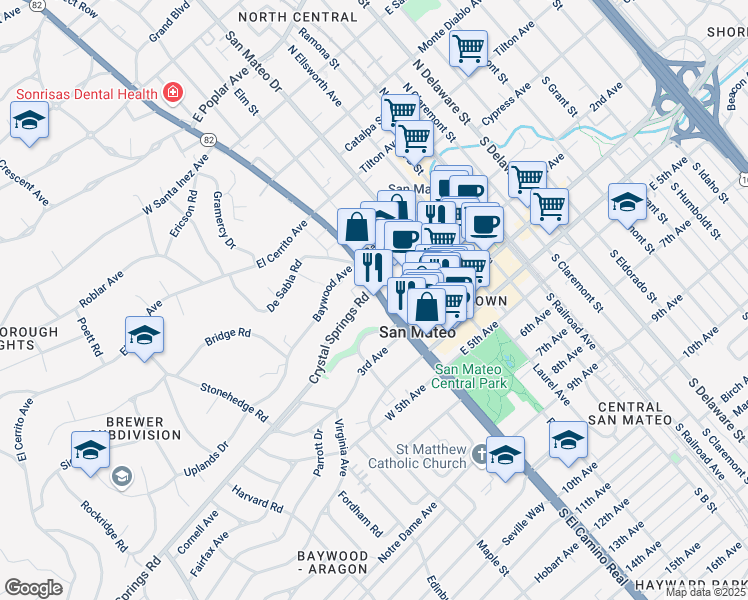 map of restaurants, bars, coffee shops, grocery stores, and more near 10 Crystal Springs Road in San Mateo