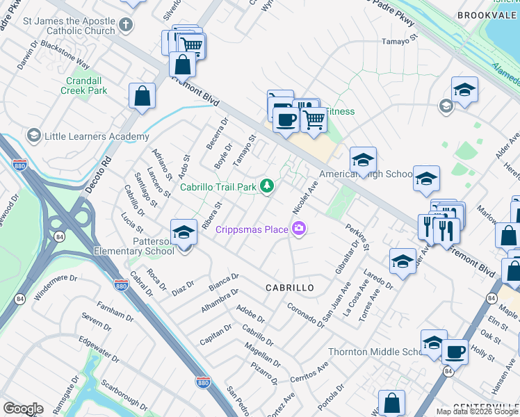 map of restaurants, bars, coffee shops, grocery stores, and more near 4223 Jacinto Drive in Fremont