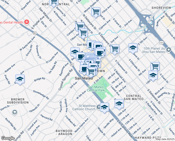 map of restaurants, bars, coffee shops, grocery stores, and more near 136 2nd Avenue in San Mateo