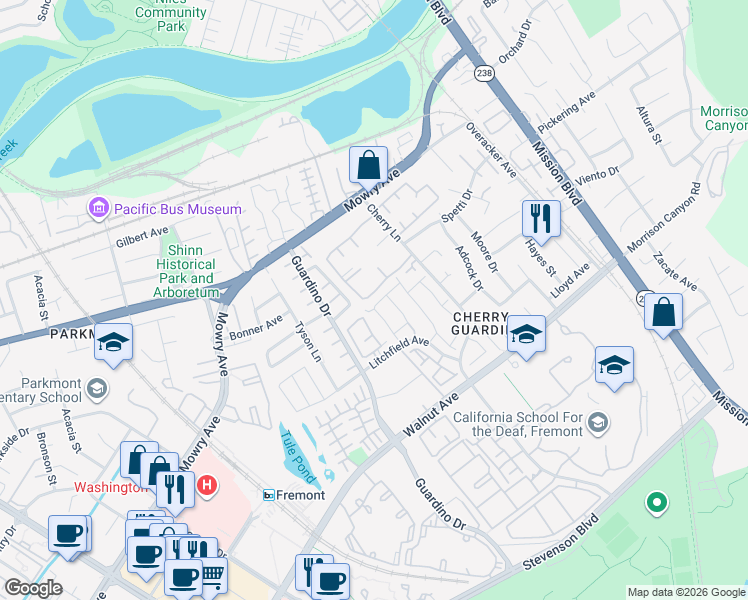 map of restaurants, bars, coffee shops, grocery stores, and more near 791 Ridgeview Terrace in Fremont