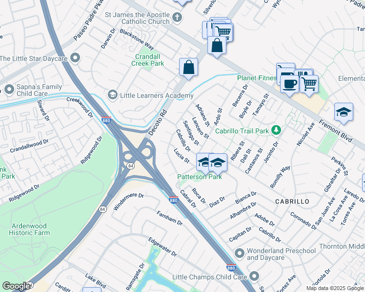 map of restaurants, bars, coffee shops, grocery stores, and more near 35225 Santiago Street in Fremont