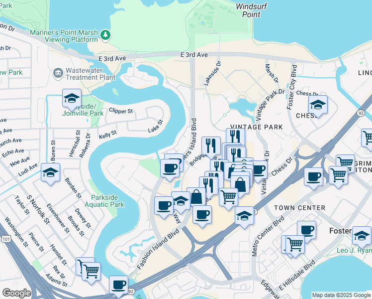 map of restaurants, bars, coffee shops, grocery stores, and more near 655 Mariners Island Boulevard in San Mateo