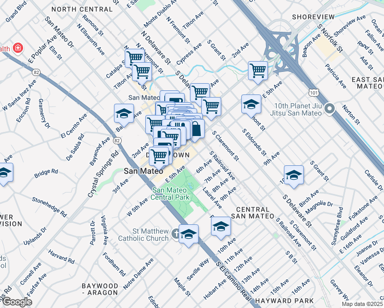 map of restaurants, bars, coffee shops, grocery stores, and more near 215 East 4th Avenue in San Mateo