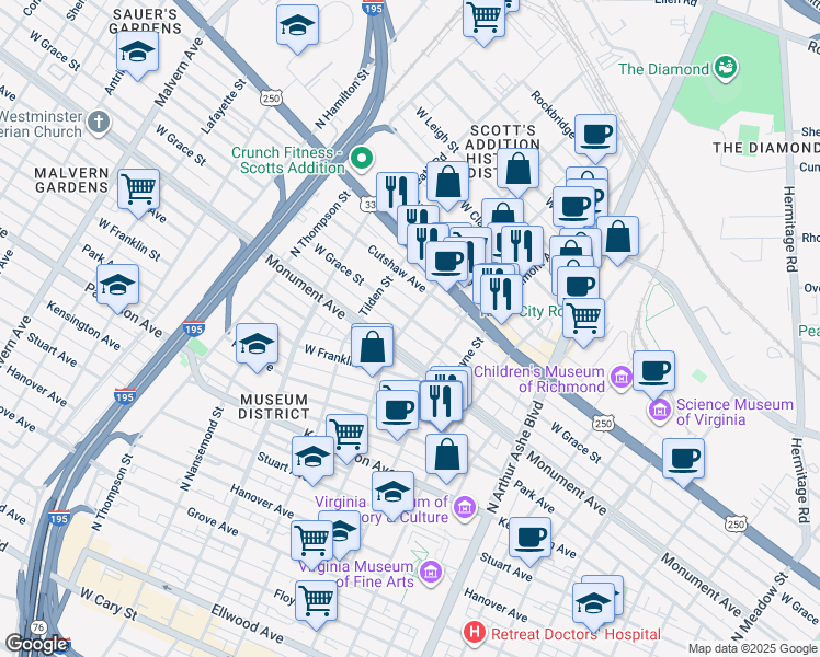 map of restaurants, bars, coffee shops, grocery stores, and more near 3128 West Grace Street in Richmond