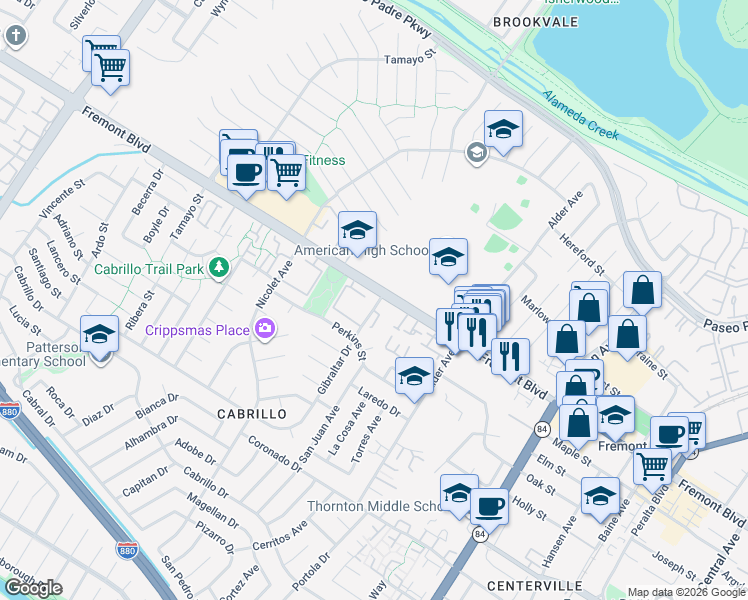 map of restaurants, bars, coffee shops, grocery stores, and more near in Fremont