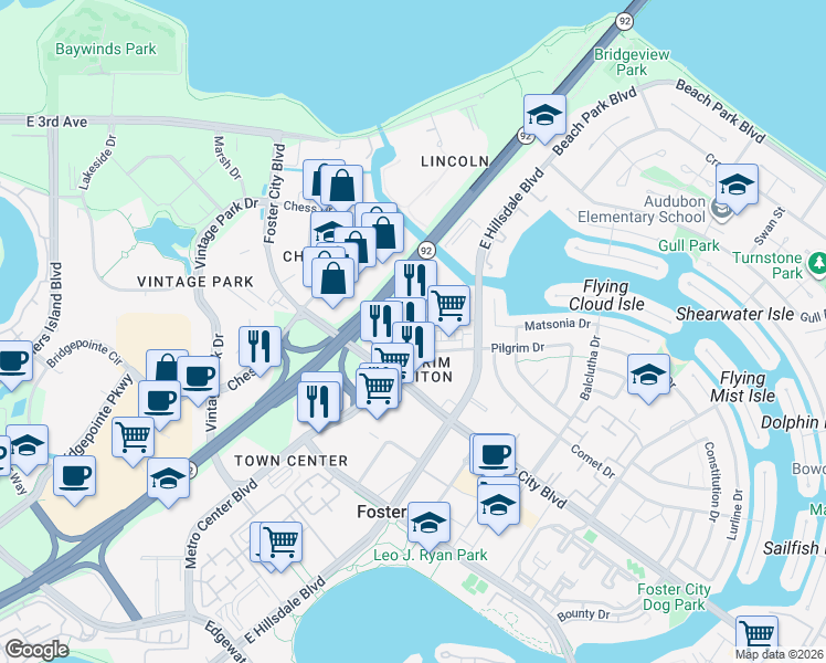 map of restaurants, bars, coffee shops, grocery stores, and more near 1151 Triton Drive in Foster City