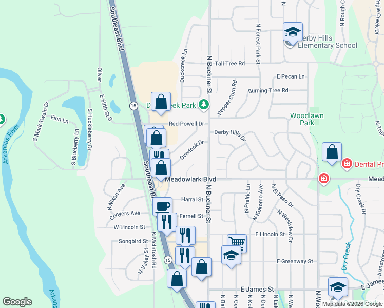 map of restaurants, bars, coffee shops, grocery stores, and more near 207 Overlook Dr in Derby