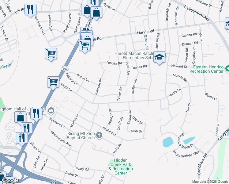 map of restaurants, bars, coffee shops, grocery stores, and more near 3104 Collins Road in Richmond
