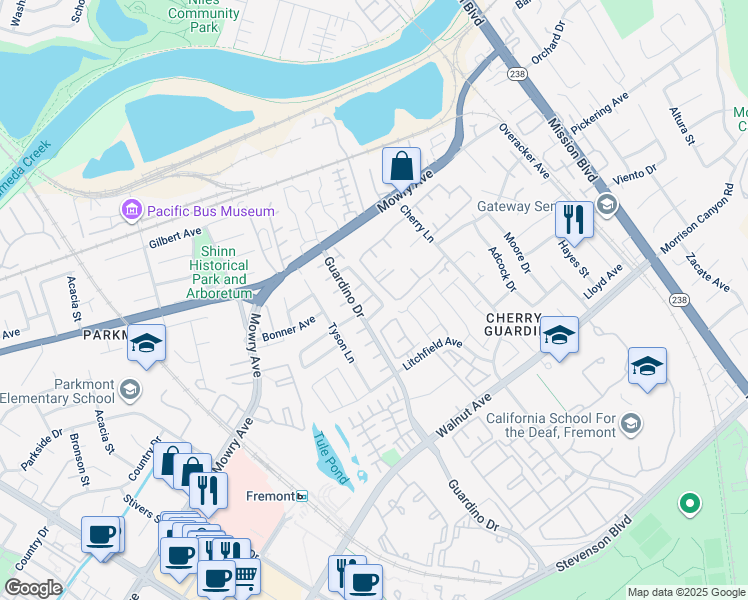 map of restaurants, bars, coffee shops, grocery stores, and more near 766 Pacu Terrace in Fremont
