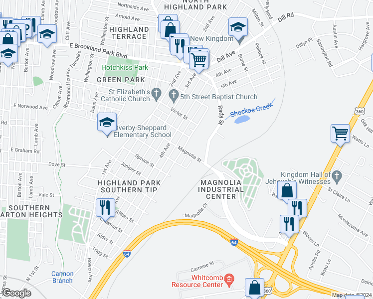 map of restaurants, bars, coffee shops, grocery stores, and more near 1602 Magnolia Street in Richmond