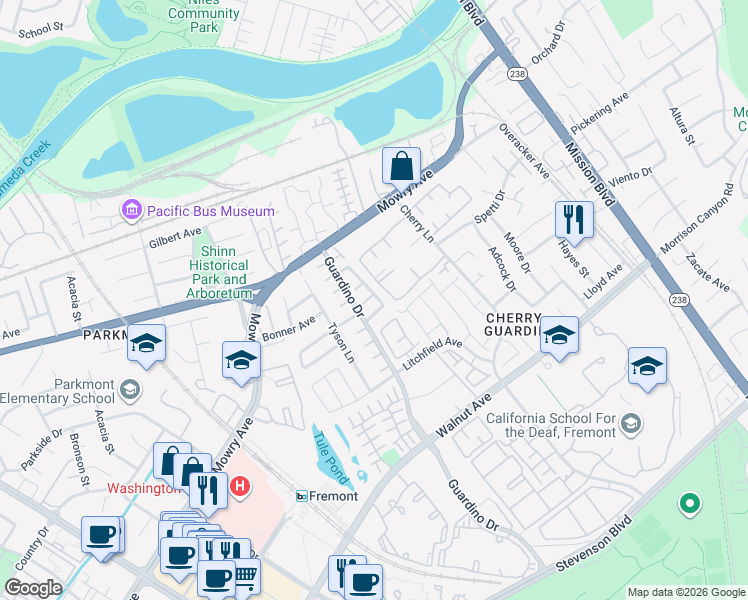 map of restaurants, bars, coffee shops, grocery stores, and more near 766 Pacu Terrace in Fremont