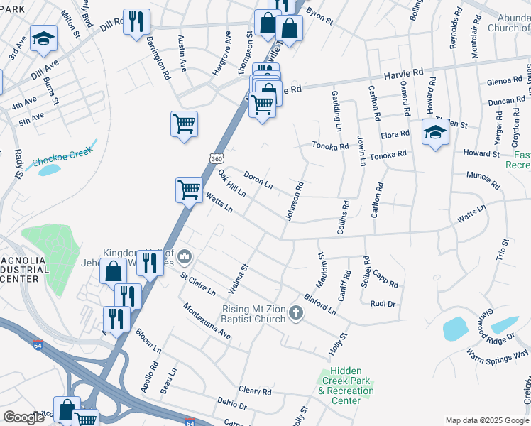 map of restaurants, bars, coffee shops, grocery stores, and more near 1809 Oak Hill Lane in Richmond