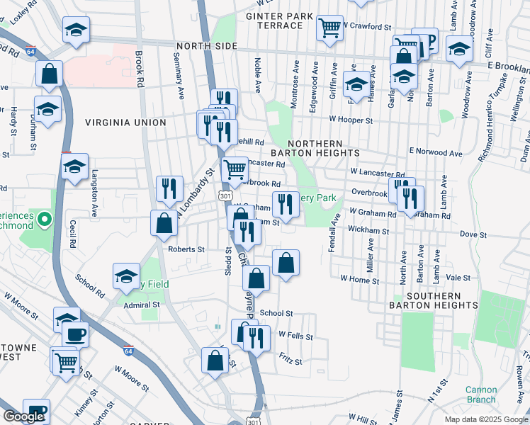 map of restaurants, bars, coffee shops, grocery stores, and more near 623 West Graham Road in Richmond