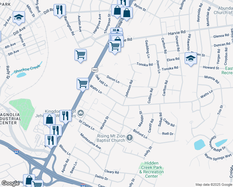 map of restaurants, bars, coffee shops, grocery stores, and more near 1809 Oak Hill Lane in Richmond
