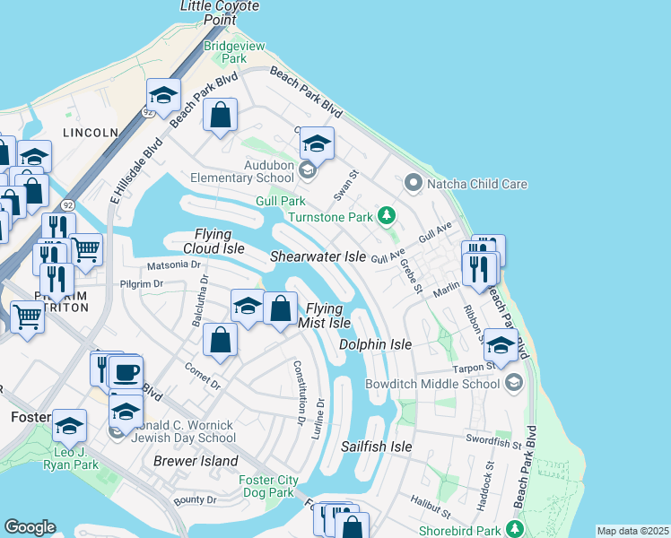 map of restaurants, bars, coffee shops, grocery stores, and more near in San Mateo