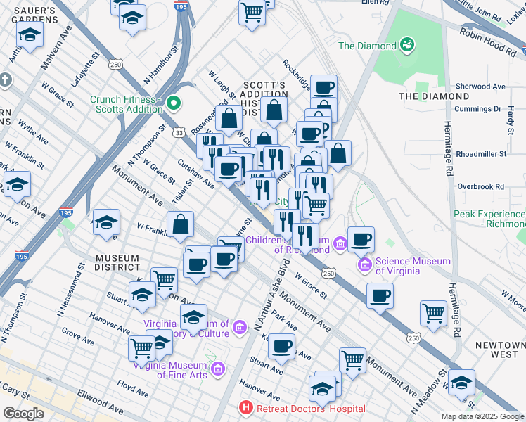 map of restaurants, bars, coffee shops, grocery stores, and more near 2930 West Broad Street in Richmond