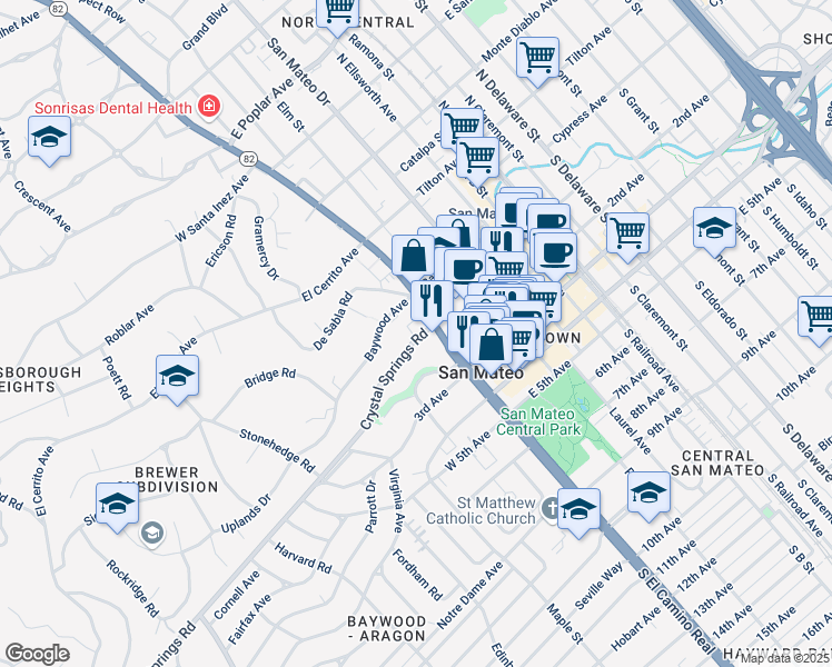 map of restaurants, bars, coffee shops, grocery stores, and more near 10 Crystal Springs Road in San Mateo
