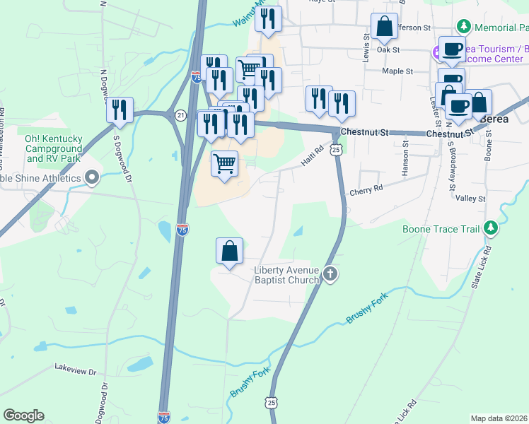 map of restaurants, bars, coffee shops, grocery stores, and more near 130 East Haiti Road in Berea